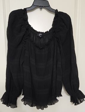 Aakaa Black Sheer Ruffle-Trim Blouse